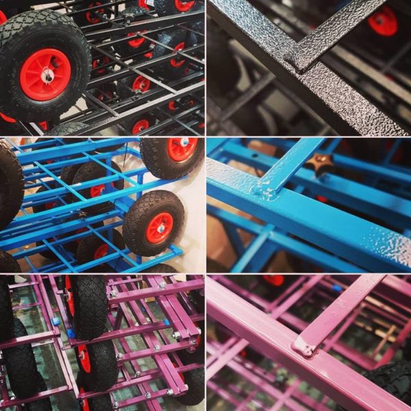 Various colours of trolley frames